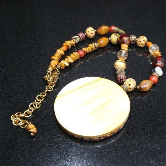 Chico's Mother of Pearl Pendant Necklace:  Art Beads & Glitter Glass Beads, 20" - Picture 7 of 8